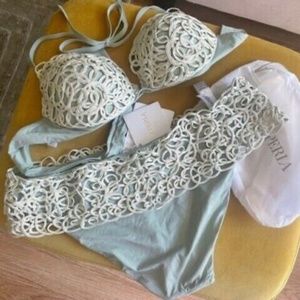 La Perla Macrame Swimsuit, Size L, Light Green(willow color),IT3(TOP), IT4Bottom